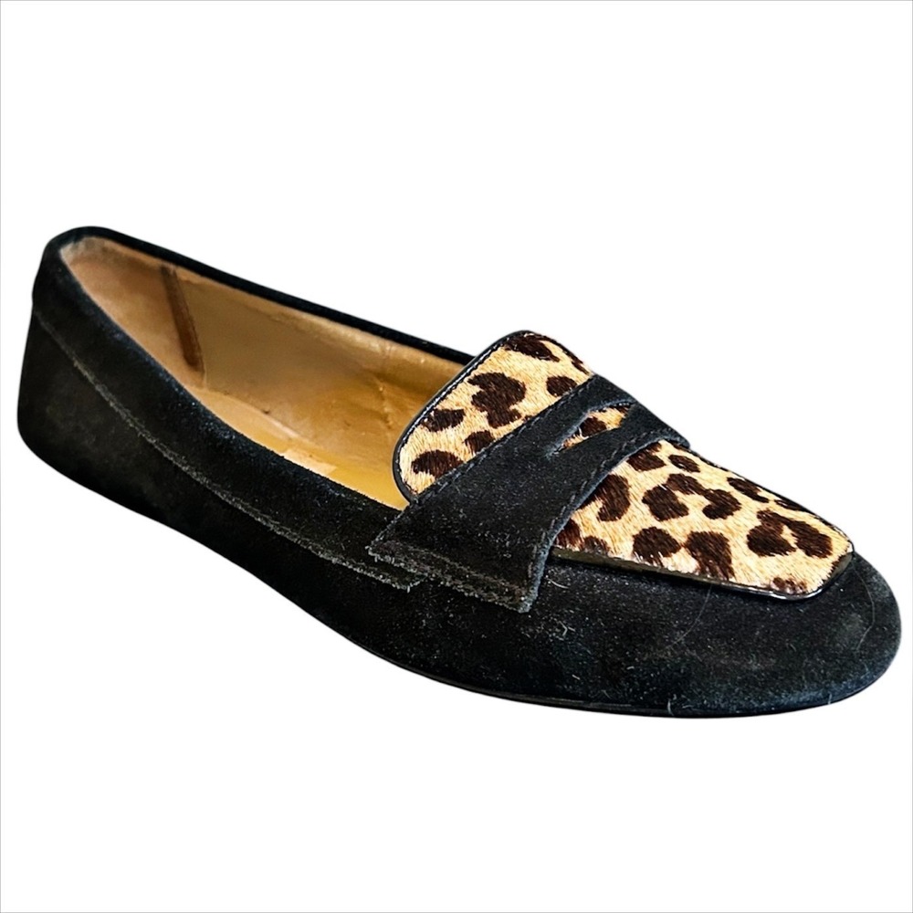 Talbots Leopard Calf Hair Penny Loafers Women 9.5 Black Suede Flats Preppy Indie